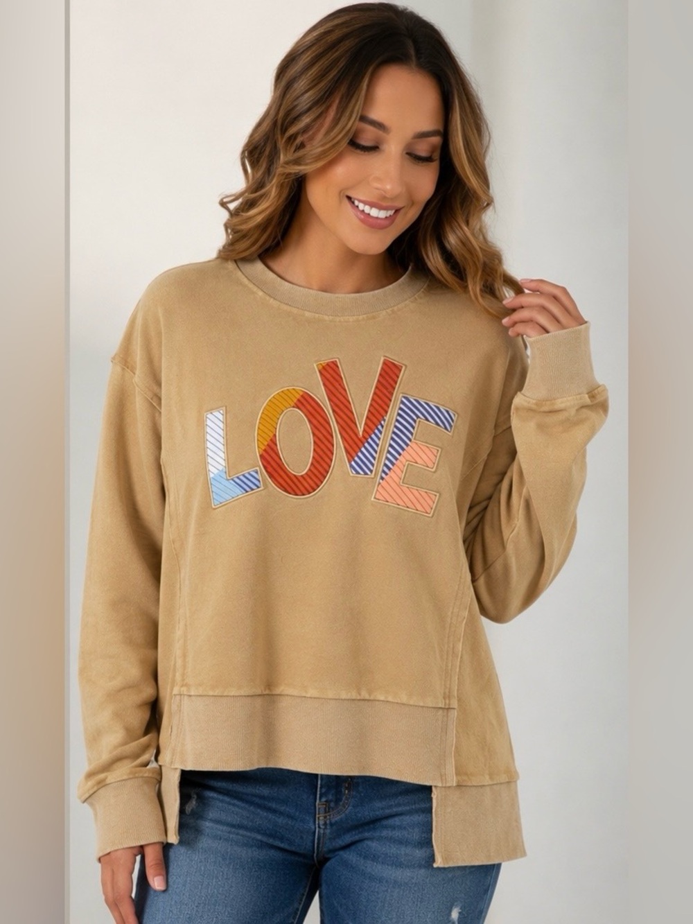 POL New Woman’s Love Graphic Sweatshirt - Tan size small fits to Large